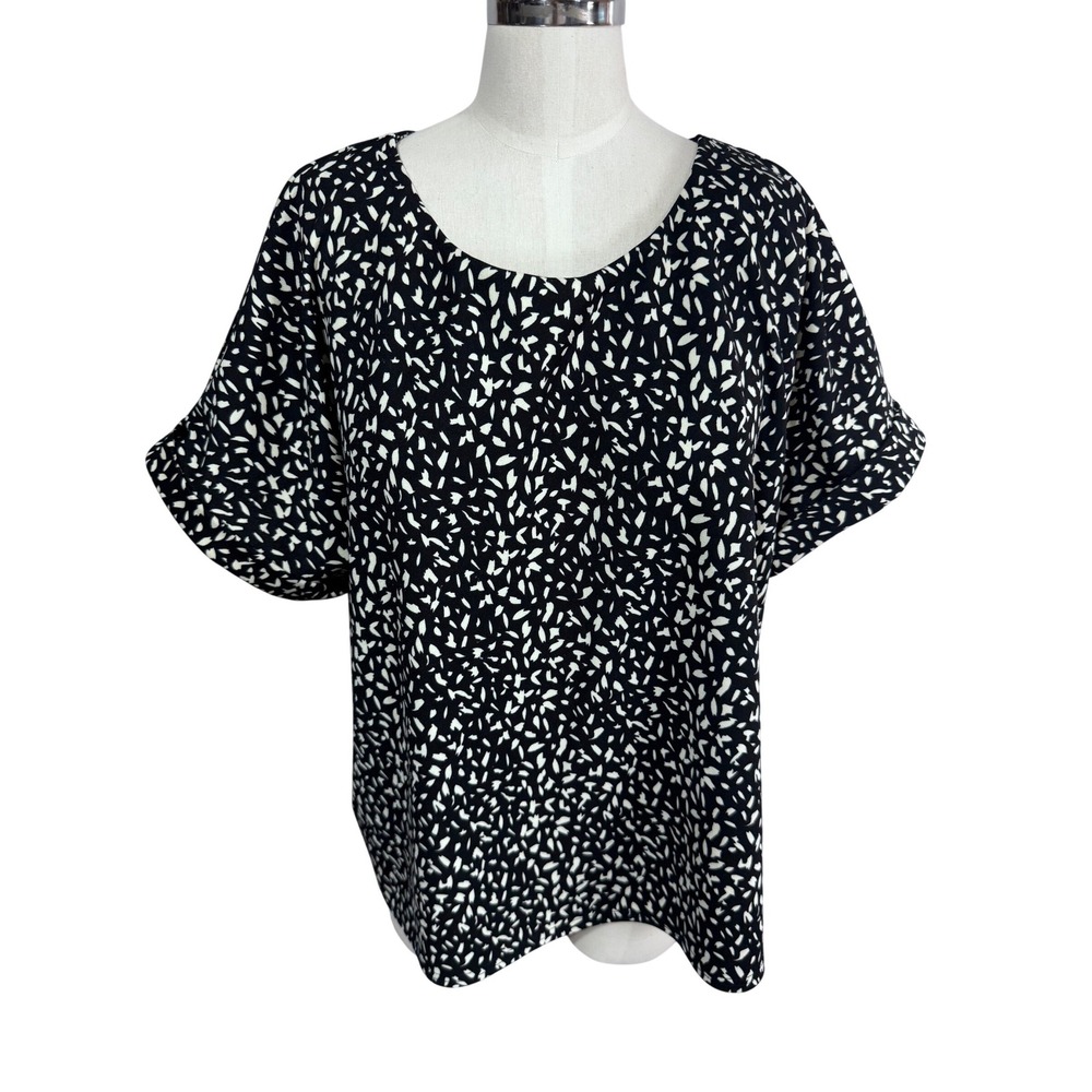 Melloday XL Black Blouse Women's Short Sleeve Abstract Print Zip Back